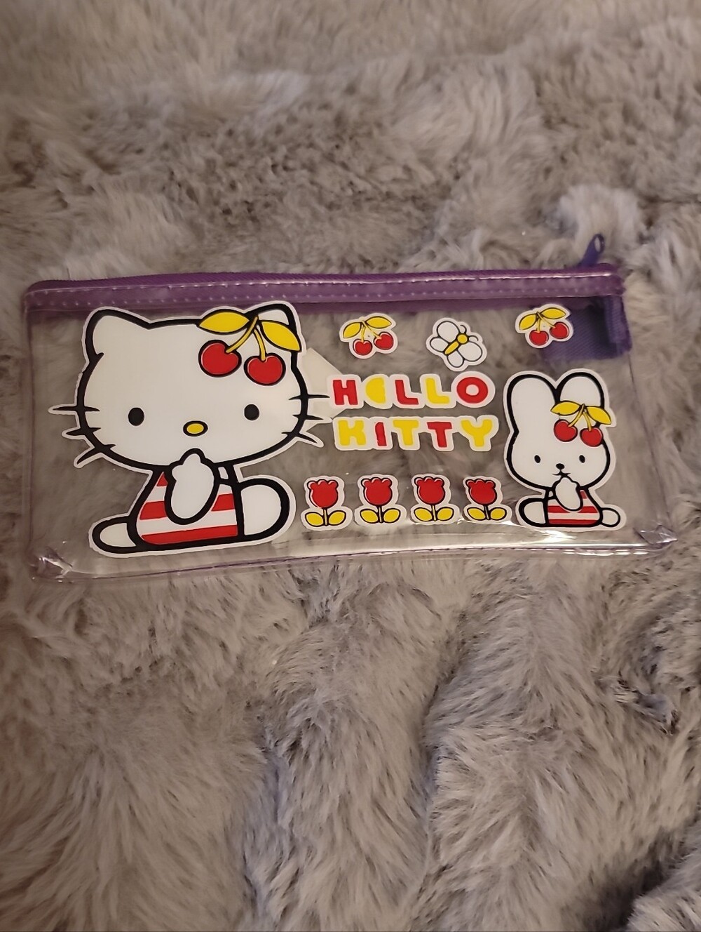 Hello Kitty Clear Kids Pencil Case with Purple Trim and Cherry Design